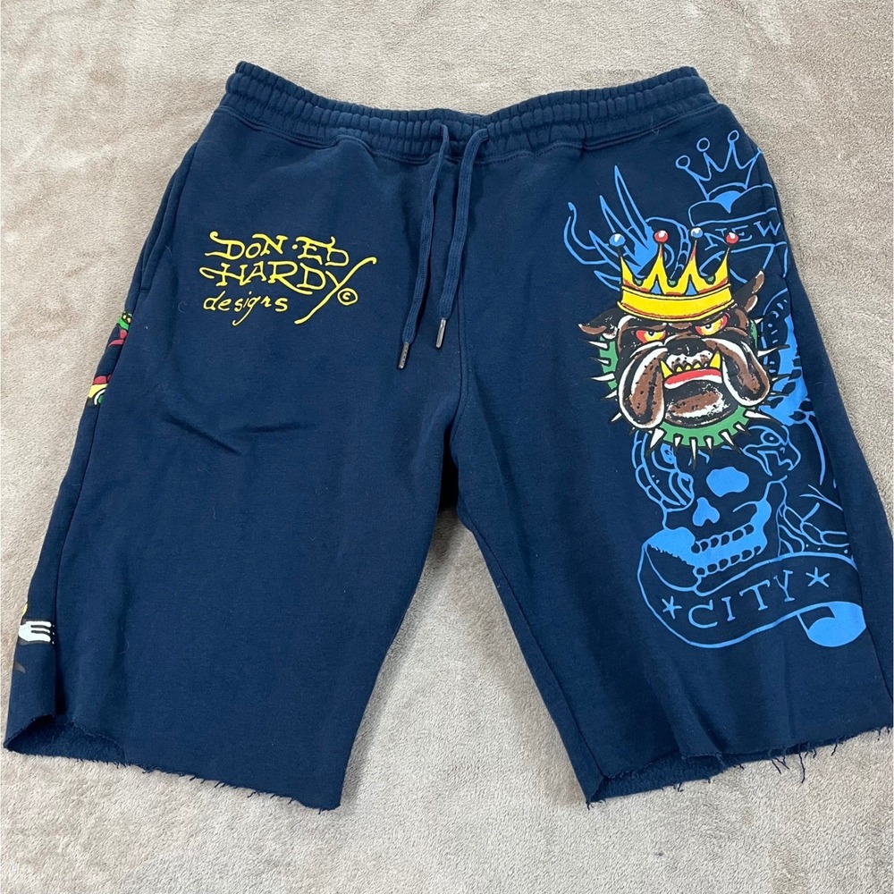 Ed Hardy Cut Out Sweat Shorts Fray Hem Men Size 34 Blue Bulldog Print 10" Good